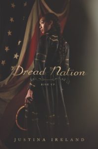 Cover of Dread Nation by Justina Ireland. A woman holds a curved blade in front of a draped US flag.
